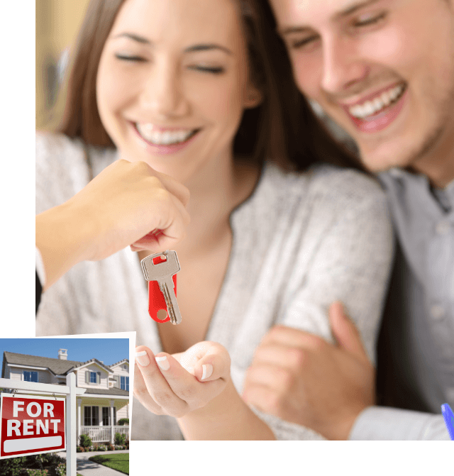 renting vs buying happy couple looking down with key