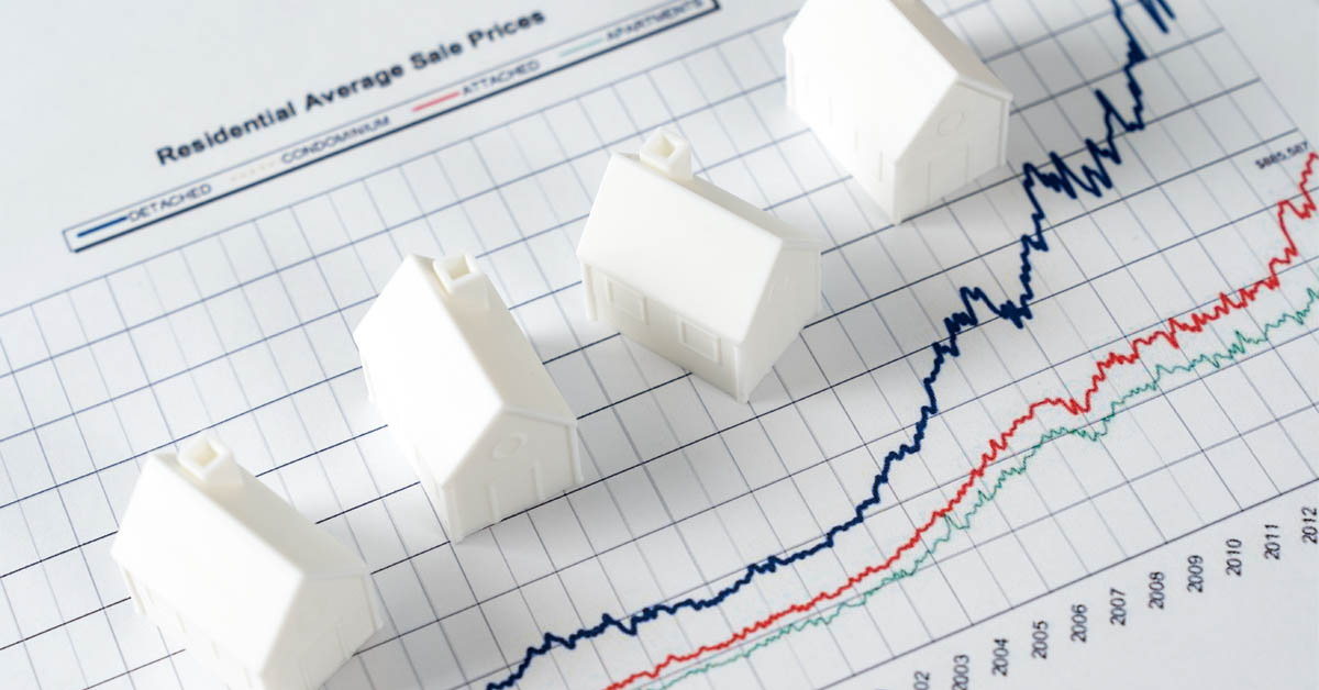 Graph showing rising home prices over time with white house models, illustrating U.S. residential real estate market trends through 2025