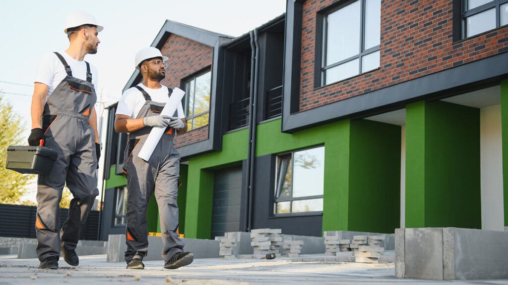 Two workers walking at construction site of a new build home